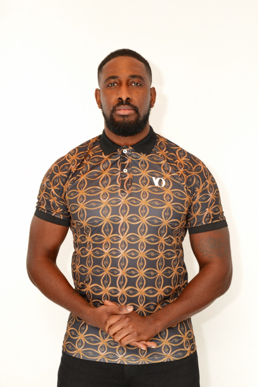 Mens’ Black and Gold Print Polo Shirt